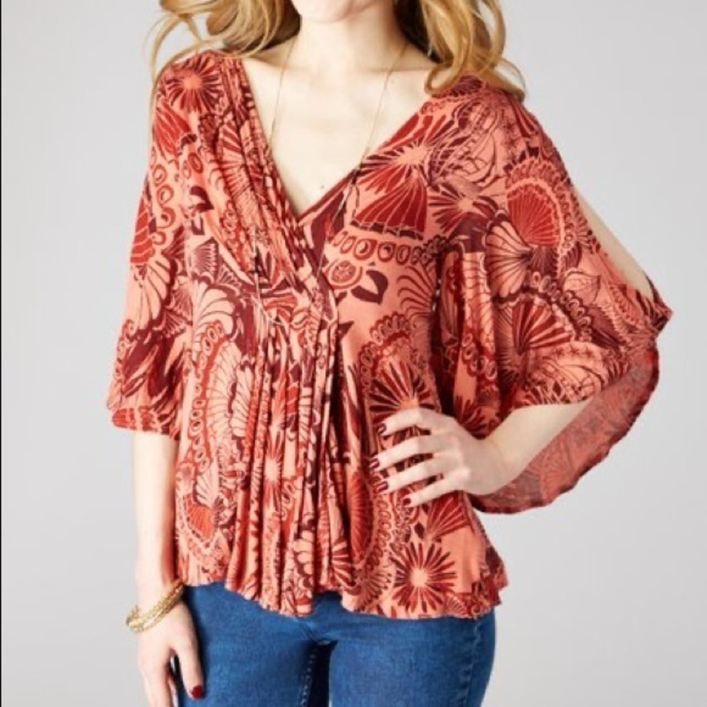 Free People Womens Amour Abstract Pullover Blouse coral combo size XS